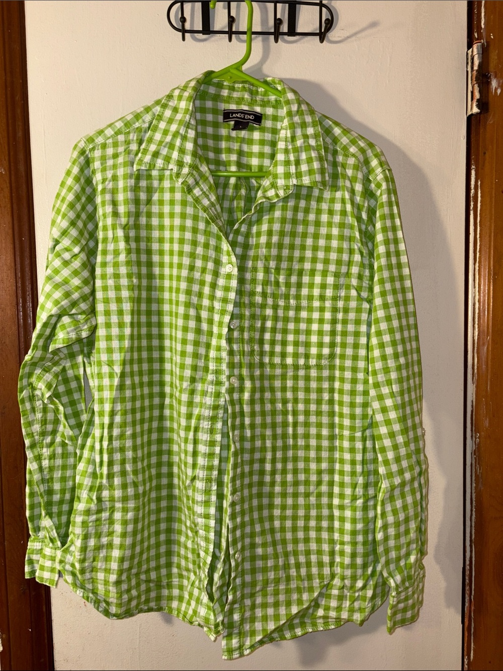 Lands' End Lime Green and White Gingham Button-Down Shirt